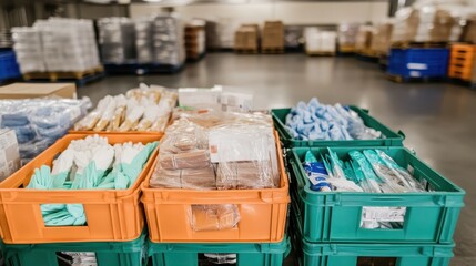 Stacks of plastic crates filled with medical supplies arranged in a warehouse storage facility awaiting distribution