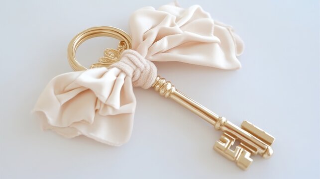 Ornate Golden Ceremonial Key with Attached Ivory Ribbon
