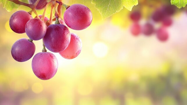 Ripe purple grapes hanging on a vine in sunny season
