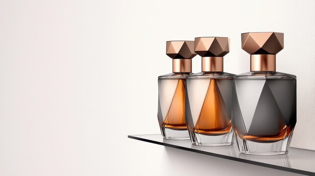Stylish perfume bottles displayed on a sleek glass shelf