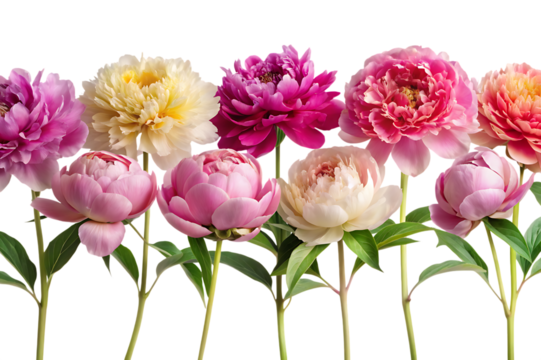 A vibrant bouquet of ten lush peony flowers in various shades of pink yellow and coral isolated on transparent background