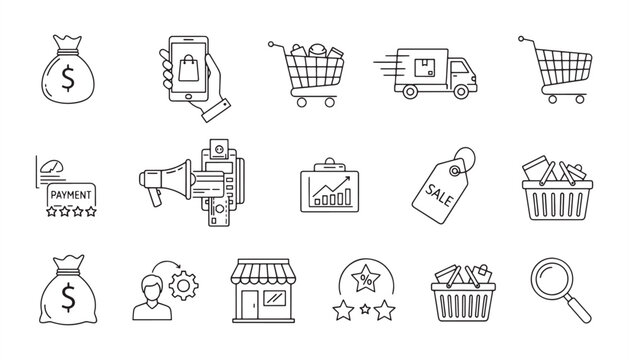 Shopping Icon Set &ndash; Store, Purchase, Delivery & Online Cart Vector Illustration