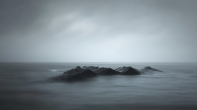 Submerged Coastal Rooftops Under Cloudy Skies