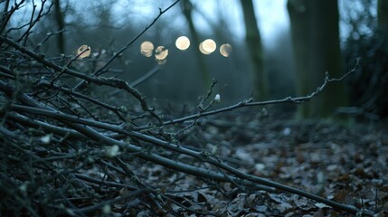 Pile of snapped splintered branches intermingled with forest debris on the ground with bokeh lights in the background