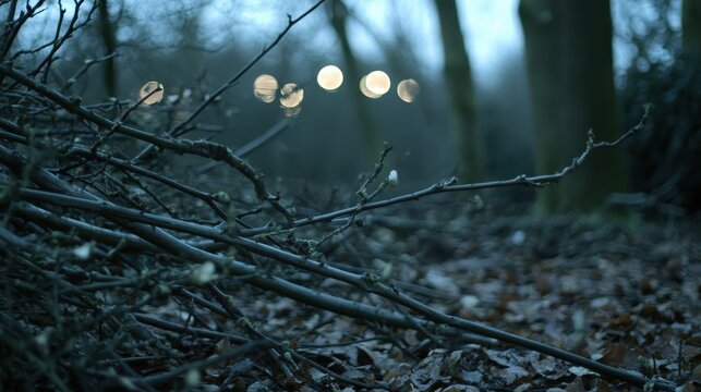 Pile of snapped splintered branches intermingled with forest debris on the ground with bokeh lights in the background