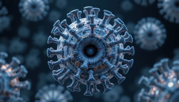 Detailed microscopic representation of the coronavirus strain with background virus particles