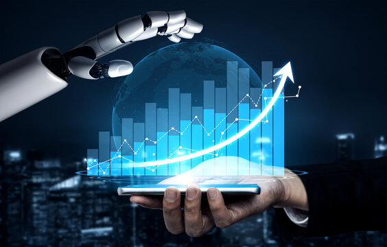 A robotic hand reaches toward a digital globe displayed on a smartphone, illustrating the intersection of technology and finance with growing analytics and global trends. Scalp