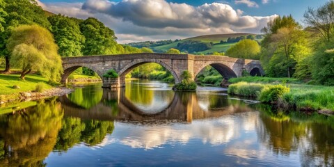 Fototapeta premium Serene Stone Bridge Reflected in Calm River Under Blue Sky