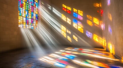 Sunlight filters through a stained glass window casting vibrant colorful beams and patterns across the interior walls and floor