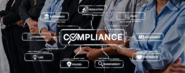 A diverse group of professionals represents compliance in business, emphasizing governance, regulation, transparency, and standards for ethical practices and legal adherence. Trope