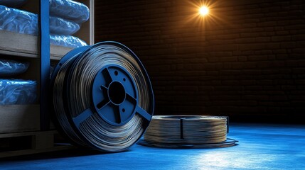 Spools of high tech temperature monitoring sensor wire displayed in industrial setting with dramatic lighting