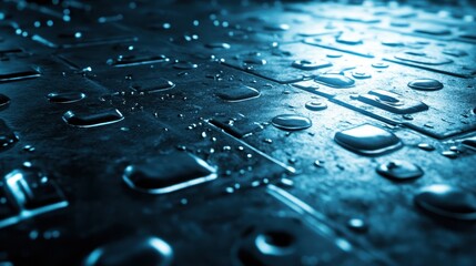 Wet steel plates with water droplets reflecting light