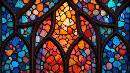 A vibrant, intricate stained glass window with gothic arch patterns. It displays a rich mosaic of textured, colorful glass pieces, glowing with light.