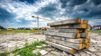 Stack of rough hewn wooden planks at a construction site with a crane in the background