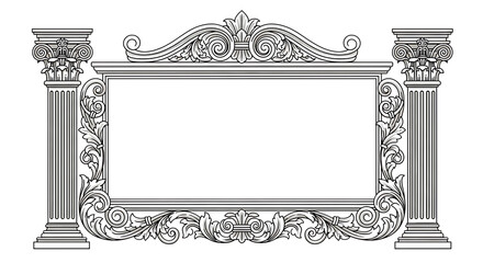 Ornate classical frame with architectural columns and decorative scrollwork on transparent background