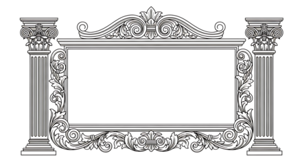 Ornate classical frame with architectural columns and decorative scrollwork on transparent background