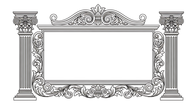 Ornate classical frame with architectural columns and decorative scrollwork on transparent background