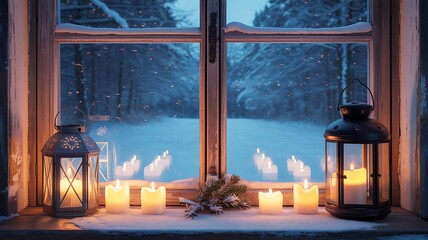 Cozy winter window scene with candles and snowy forest view