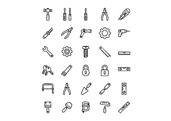 Monochrome Hardware and Tool Vector Icon Set (25 Unique Designs), Black & White Workshop Essentials: Outline Tool Graphics, Minimalist DIY Icons: Bold Black and White Repair Vectors