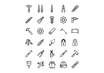 Monochrome Hardware and Tool Vector Icon Set (25 Unique Designs), Black & White Workshop Essentials: Outline Tool Graphics, Minimalist DIY Icons: Bold Black and White Repair Vectors