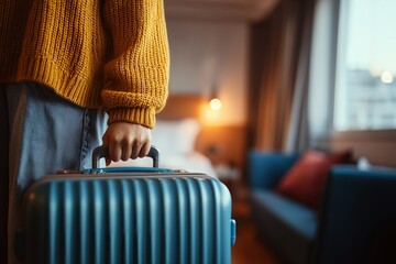 Close-up of a person holding a suitcase in a warmly lit hotel room, ready for travel or vacation.