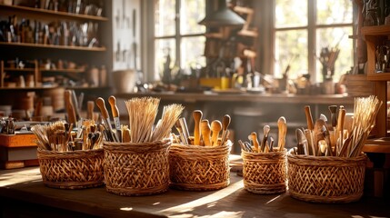Fototapeta premium Woven baskets filled with artisanal tools and brushes displayed on a wooden table in a sunlit craft studio