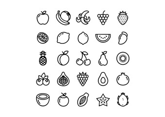 Monochrome Fruit Vector Icons (25 Unique Designs), Black and White Outline Fruit Graphics Collection, Minimalist Produce Icons: 25 Bold Vector Fruits