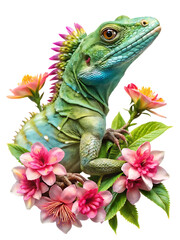 Obraz premium Vibrant green lizard with colorful crest perched on a bed of pink and orange flowers isolated on transparent background