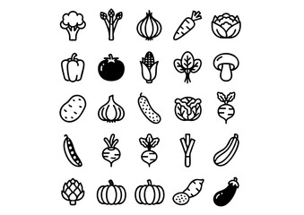 Black & White Vector Vegetable Icon Set (25 Unique Designs), Monochrome Farm Fresh: 25 Outline Vegetable Graphics, Minimalist Produce Icons: Bold Black and White Food Vectors