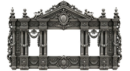 Ornate Silver Classical Architectural Frame with Cherubs and Columns on Transparent Background