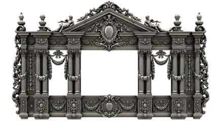 Ornate Silver Classical Architectural Frame with Cherubs and Columns on Transparent Background