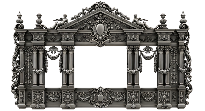 Ornate Silver Classical Architectural Frame with Cherubs and Columns on Transparent Background