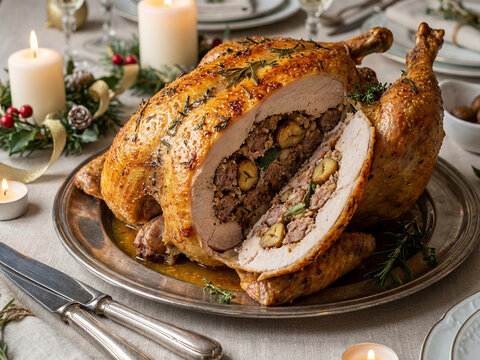 Sliced roasted stuffed capon with chestnuts served on an elegant Christmas table with herbs, candles and festive decorations. Warm natural light and detailed food textures