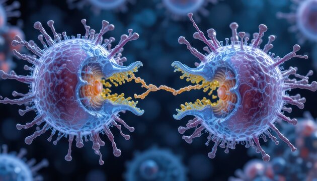 Detailed microscopic illustration of interacting coronavirus particles highlighting viral dynamics