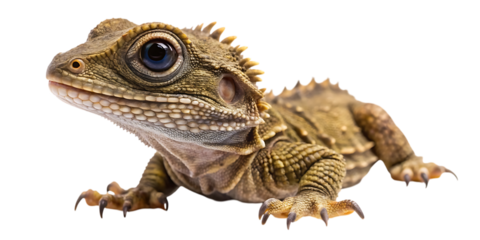 A detailed close up studio portrait of a tuatara reptile with spiky crest on its back isolated on transparent background