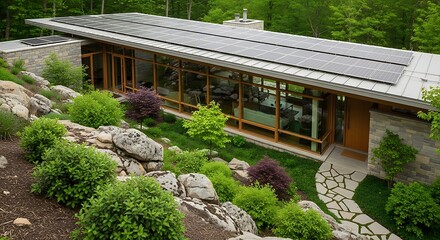Modern eco-friendly house with solar panels on roof, large windows, and lush green natural landscaping