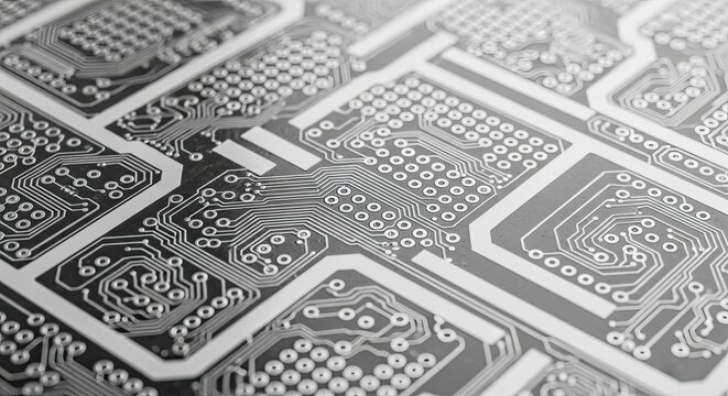 Abstract high-tech background featuring a detailed macro shot of a printed circuit board with intricate white pathways on a grey surface, symbolizing connectivity and innovation