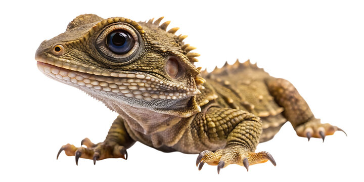 A detailed close up studio portrait of a tuatara reptile with spiky crest on its back isolated on transparent background