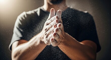 Cinematic close-up of a powerful man applying chalk to his hands, clapping them together to create a cloud of powder before a strength training session