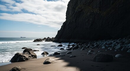 A dramatic coastal landscape featuring a dark sand beach, smooth boulders, and a massive cliff under a partly cloudy sky with a cargo ship on the horizon