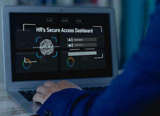 Businessman logs into "HR's Secure Access Dashboard" via Biometric Security. HRIS system with Secure Access Control, Two-Factor Authentication (2FA), and Data Privacy.