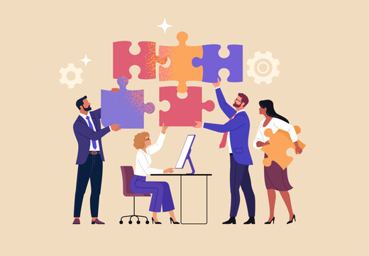 Business Teamwork Concept. Group of office workers assembling large puzzle pieces, symbolizing cooperation, project collaboration, problem solving, and joint effort in a modern business environment.