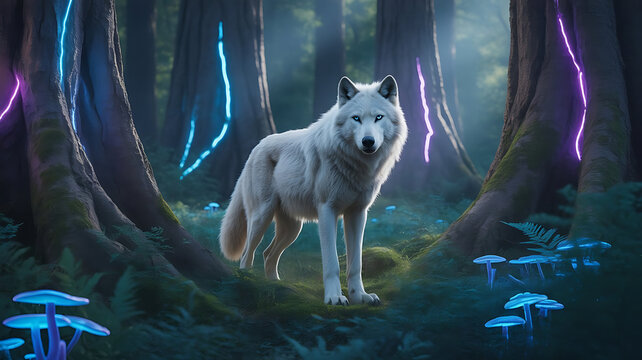 Spirit Wolf: White Alpha in an Ethereal Neon Glow Forest
