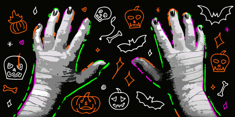 Halloween mummy hands with pumpkins bats and skulls on black background