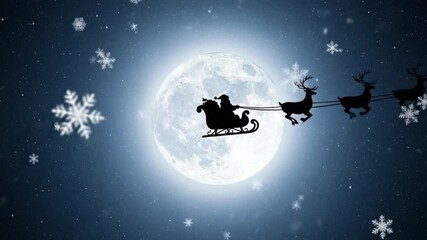 Animated silhouette of Santa Claus in a sleigh with reindeer flying past a big bright moon in a starry - Powered by Adobe