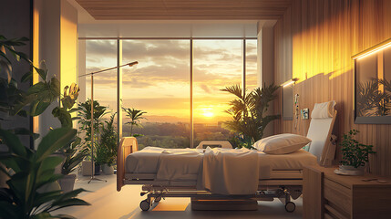 Cinematic hospital patient room with eco inspired design and natural comforting tones