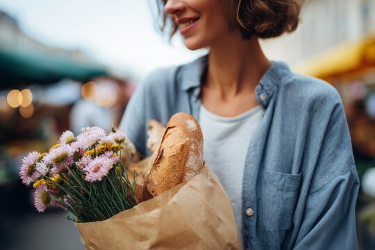 Smiling woman holding a paper bag with fresh bread and a bouquet of flowers, enjoying a vibrant outdoor market. - Powered by Adobe
