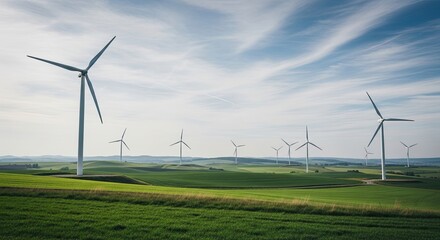 Modern wind turbines stand tall across a vast rural landscape of rolling green fields, generating clean, renewable energy under a bright, partly cloudy sky