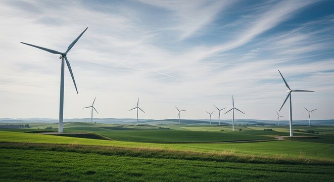 Modern wind turbines stand tall across a vast rural landscape of rolling green fields, generating clean, renewable energy under a bright, partly cloudy sky