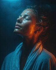 Close-up of Woman's Sweaty Face with Eyes Closed, Dramatic Dual Blue and Orange Contouring Light, Sauna or Hammam Skincare, Deep Detoxification and Steamy Wellness Treatment